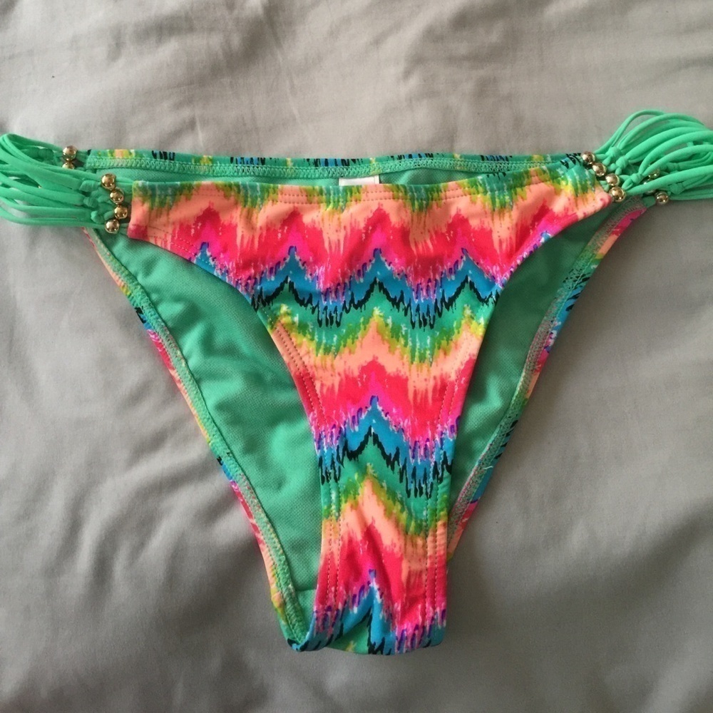 Damsel bikini bottoms multicolored w/ Silver balls & 6 green straps on sides